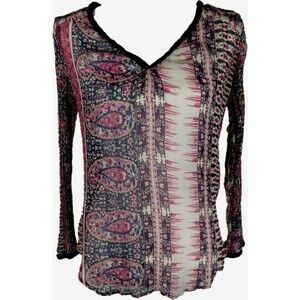 Lucky Brand Womens Crinkle Blouse Navaho Print Long Sleeve Blue Size M